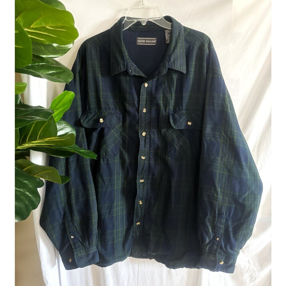 David Taylor Blue/Green Plaid Thermal Button-Down Coat Mens Size XXL